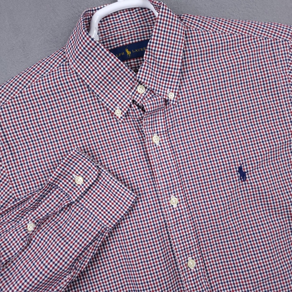 Ralph Lauren Button Down Shirt Mens M Red Blue Gingham Plaid Long Sleeve Preppy